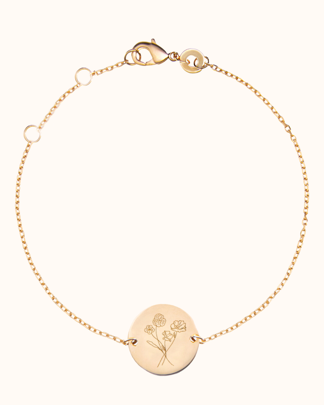 Bracelet Pendentif Rond Bouquet Fleur de Naissance - Plaque or 18 carats Bracelet Pendentif Rond Bouquet Fleur de Naissance - Plaque or 18 carats