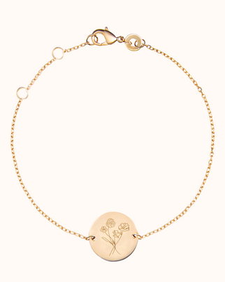 Bracelet Pendentif Rond Bouquet Fleur de Naissance - Plaque or 18 carats Bracelet Pendentif Rond Bouquet Fleur de Naissance - Plaque or 18 carats