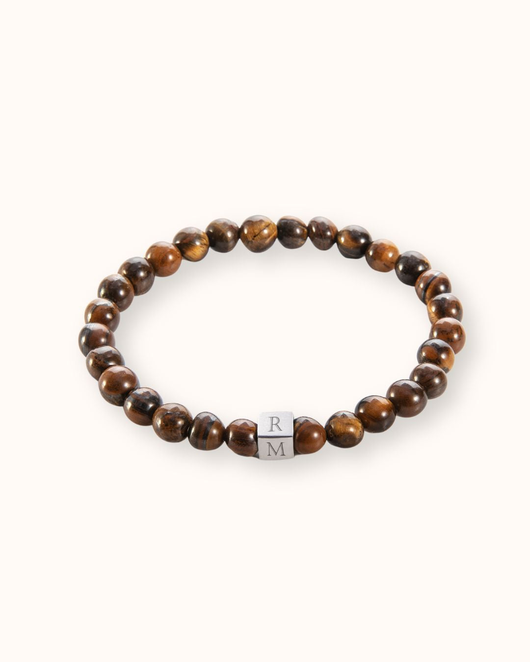 Men Beaded Initial Bracelet Tigers Eye - Stainless steel silver