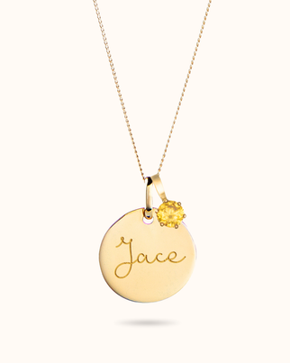 9k Geboortesteen Coin Ketting met naam - Gepersonaliseerde Ketting - 14mm