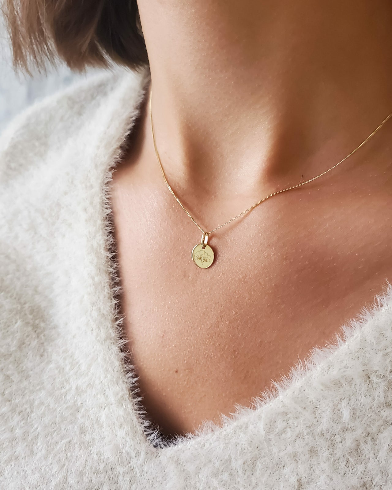 14k Birth Flower Mini Coin Necklace - 14k gold