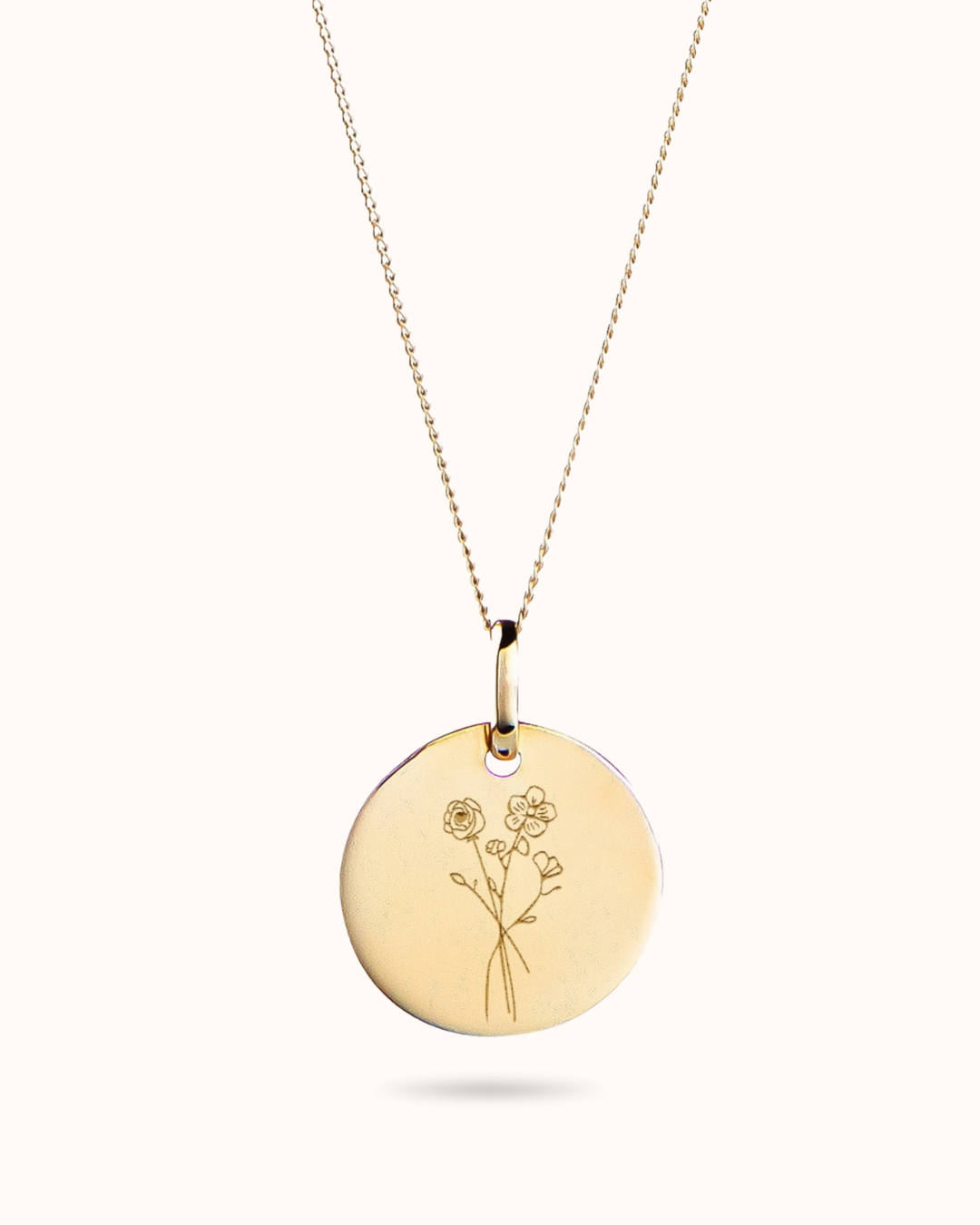 Collier Pendentif Rond Bouquet Fleur de Naissance 14 carats - Or 14 carats