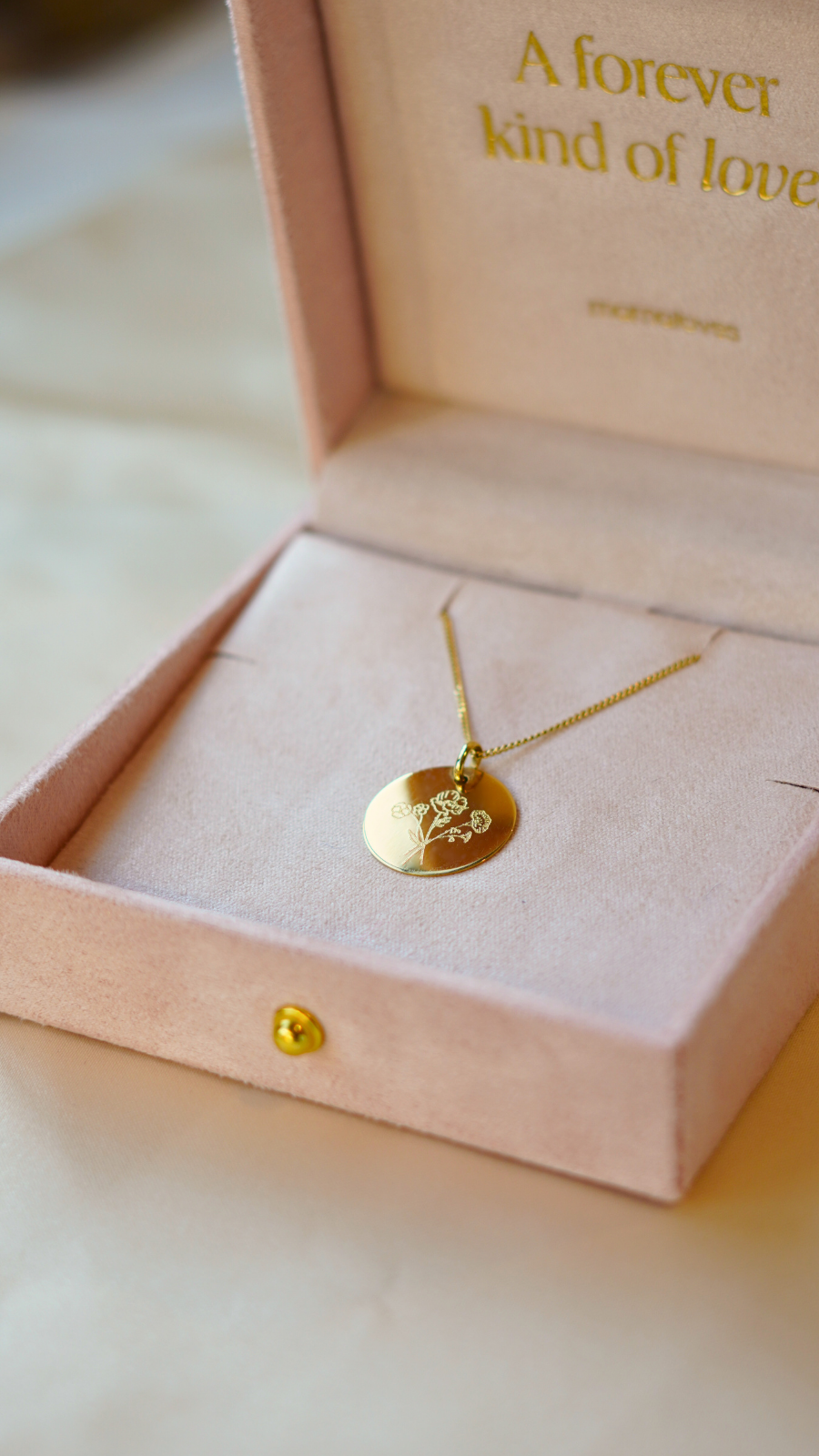 Collier Pendentif Rond Bouquet Fleur de Naissance 14 carats - Or 14 carats - Petit Disque 14 mm