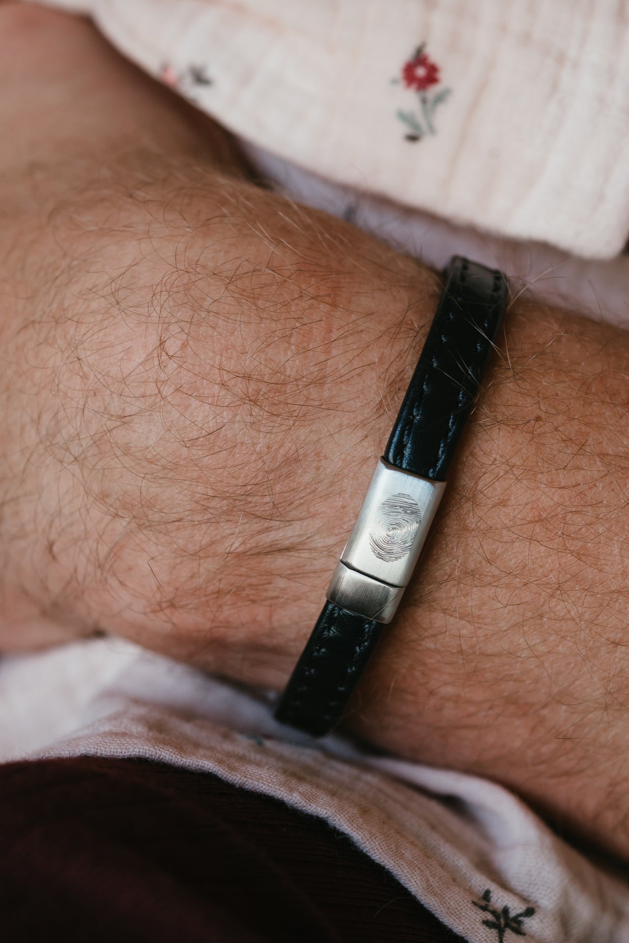 Men Fingerprint Bracelet Leather - Stainless steel silver