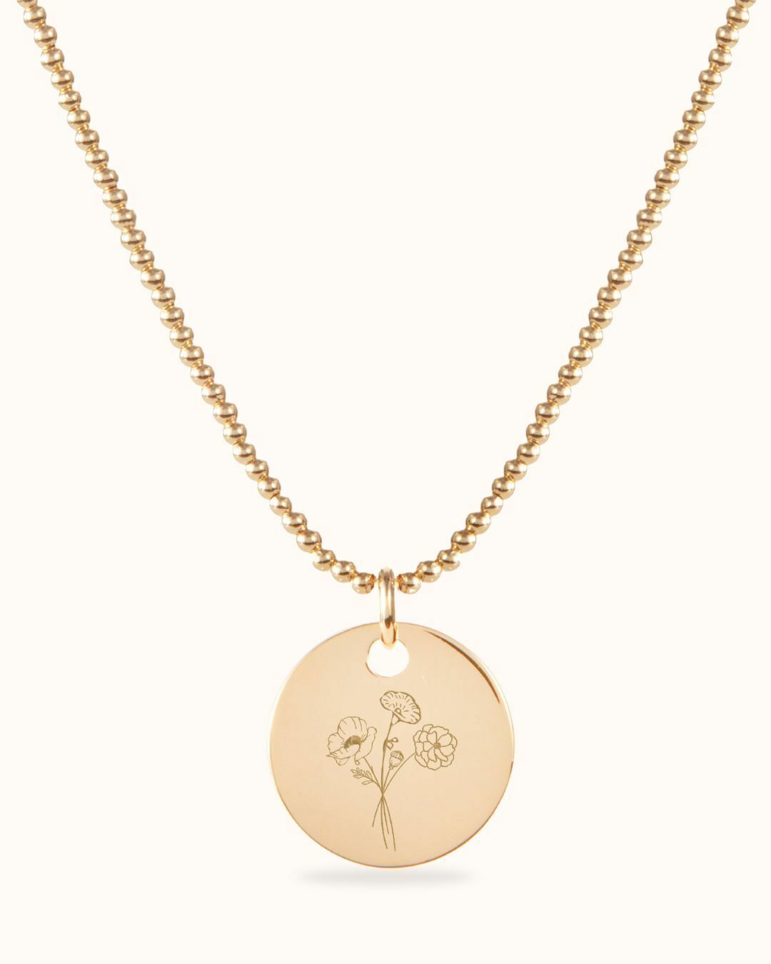 Collier de perles de bouquets de fleurs de naissance Pendentif Rond - Plaque or 18 carats