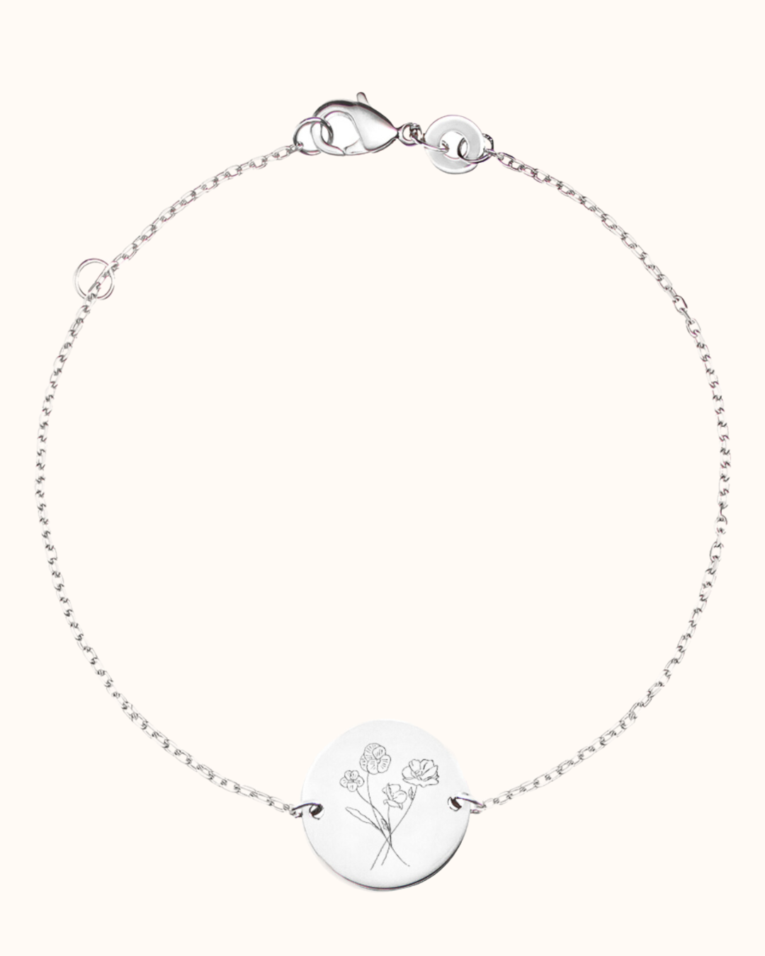 Bracelet Pendentif Rond Bouquet Fleur de Naissance - Argent