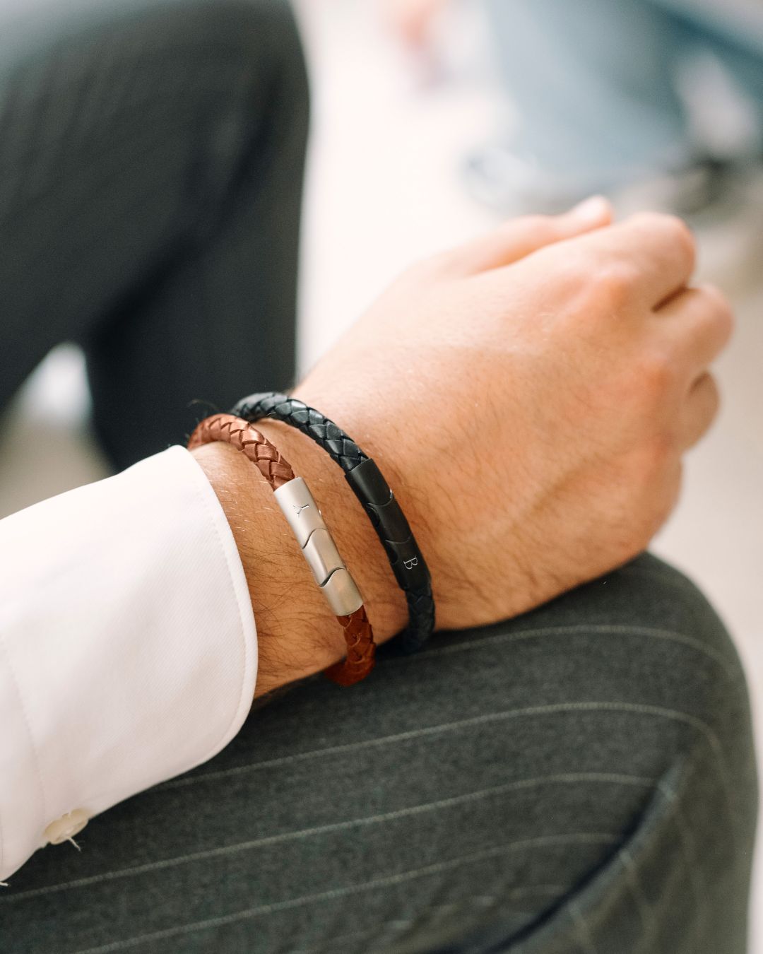 Men Leather Initial Bracelet Cognac - Stainless steel silver