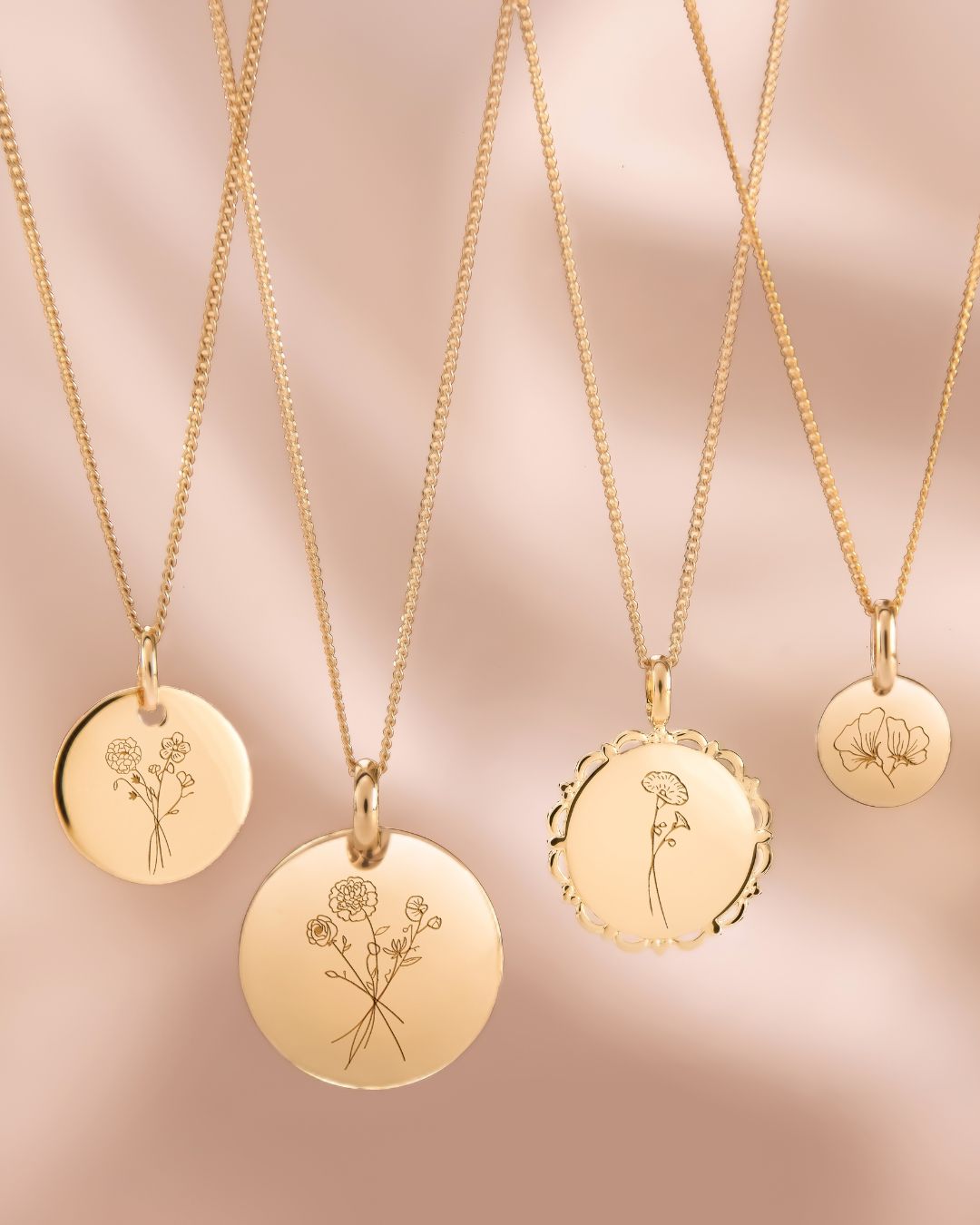 Birth Flower Bouquet Coin Necklace - Gold plated