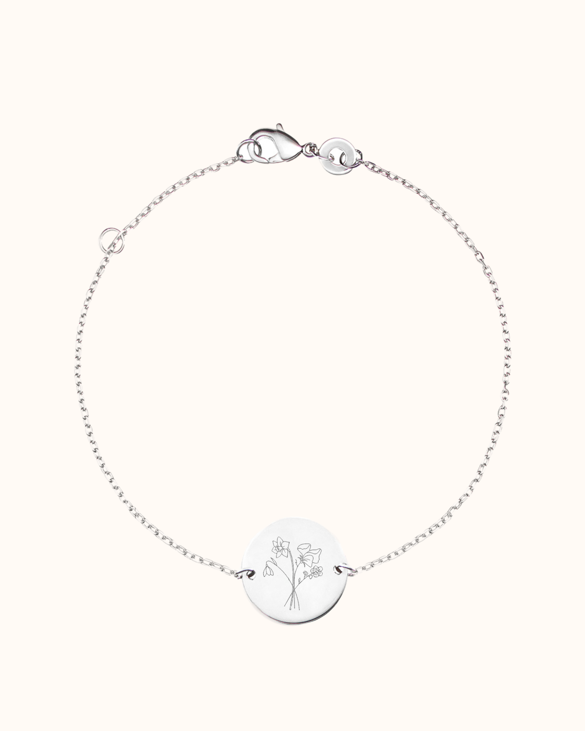 Bracelet Pendentif Rond Bouquet Fleur de Naissance - Argent