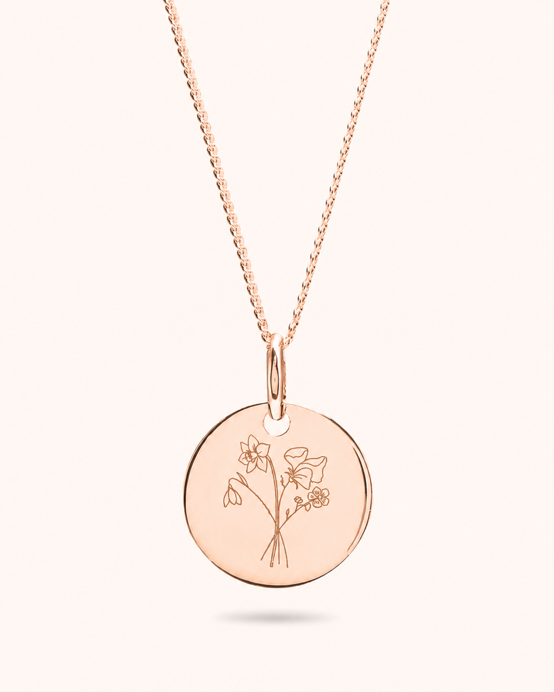 Birth Flower Bouquet Coin Necklace Rose Gold Plated – Personalised Necklace