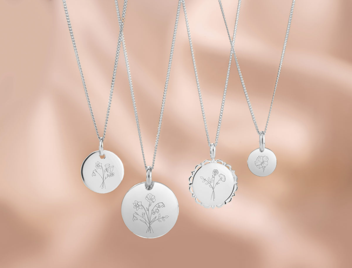 Birth Flower Bouquet Coin Necklace - Silver