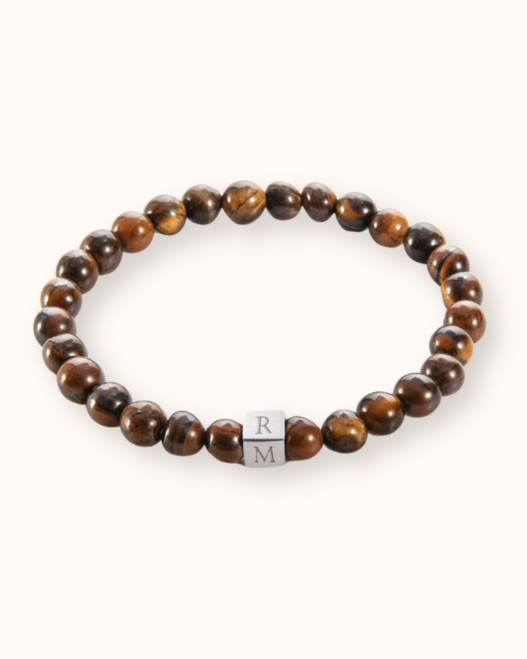 Men Beaded Initial Bracelet Tigers Eye - Stainless steel silver