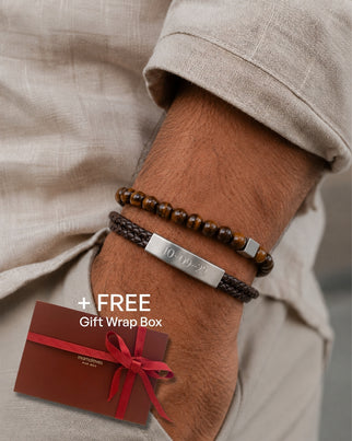 Vaderdag VOORDEELSET bruin gevlochten - Gepersonaliseerde Heren Armbanden