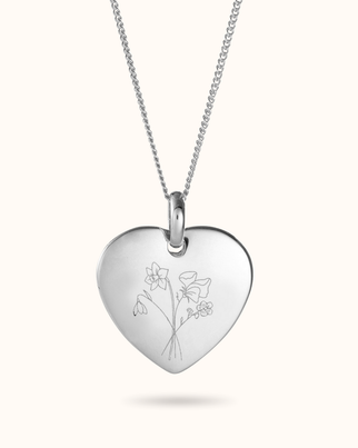 Heart Charm Birth Flower Bouquet Ketting - Sterling Zilver 925