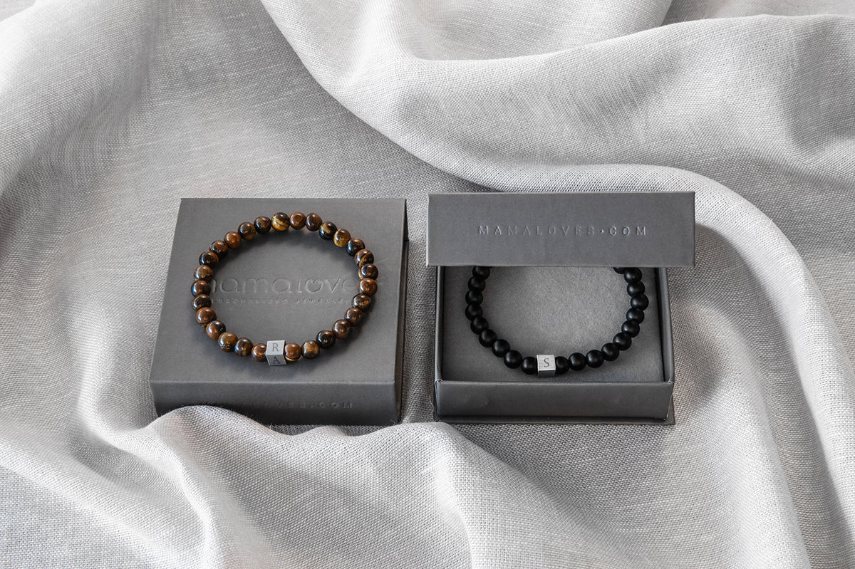 Mannen Beaded Initial Armband Tigers Eye - Zilverkleurig staal - Gepersonaliseerde Heren Armband
