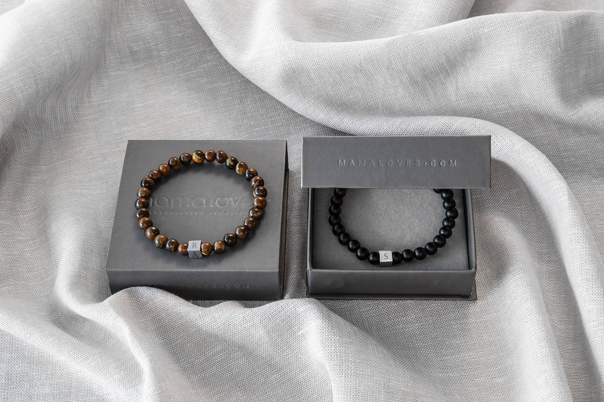 Men Beaded Initial Bracelet Tigers Eye - Stainless steel silver