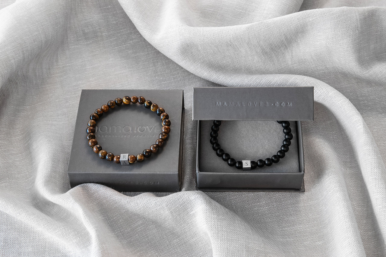 Herren Buchstaben Perlen Amband Tigers Eye -Edelstahl silber