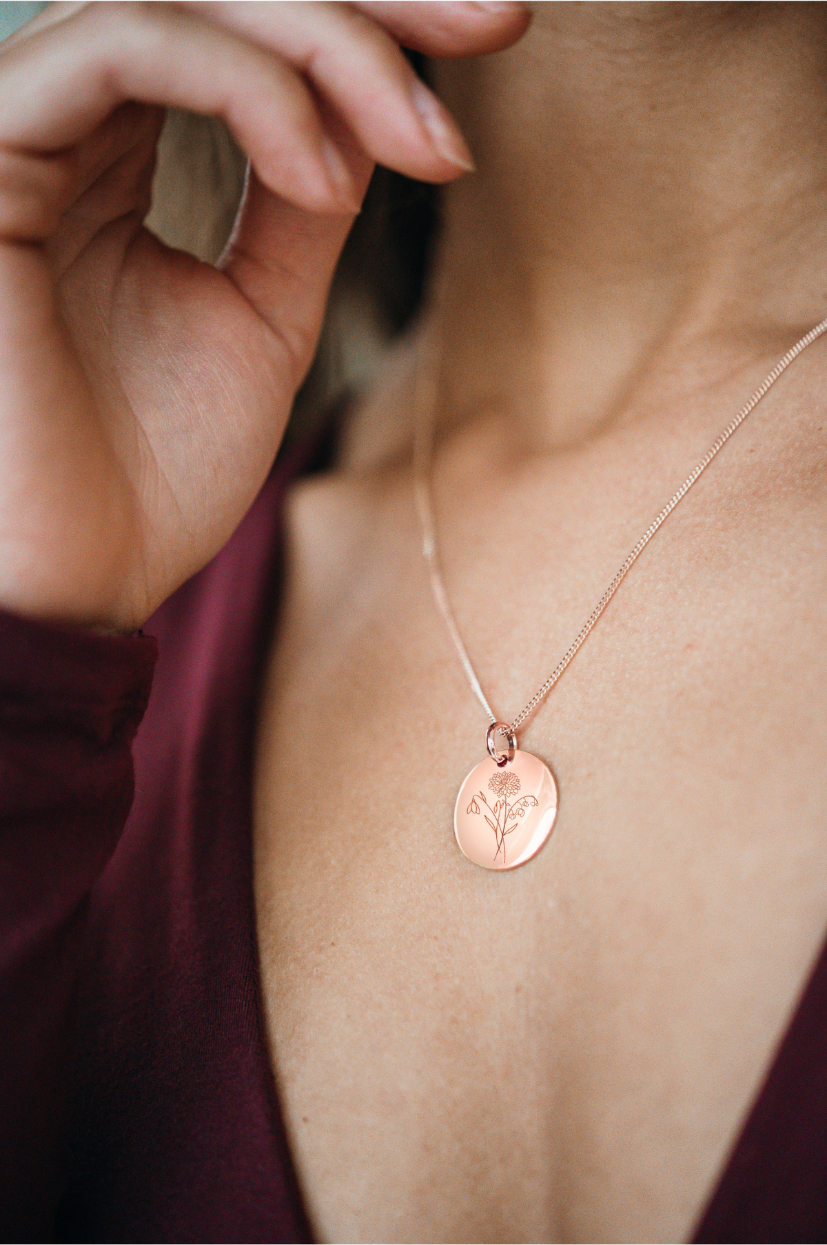 Birth Flower Bouquet Coin Necklace - Rose plated