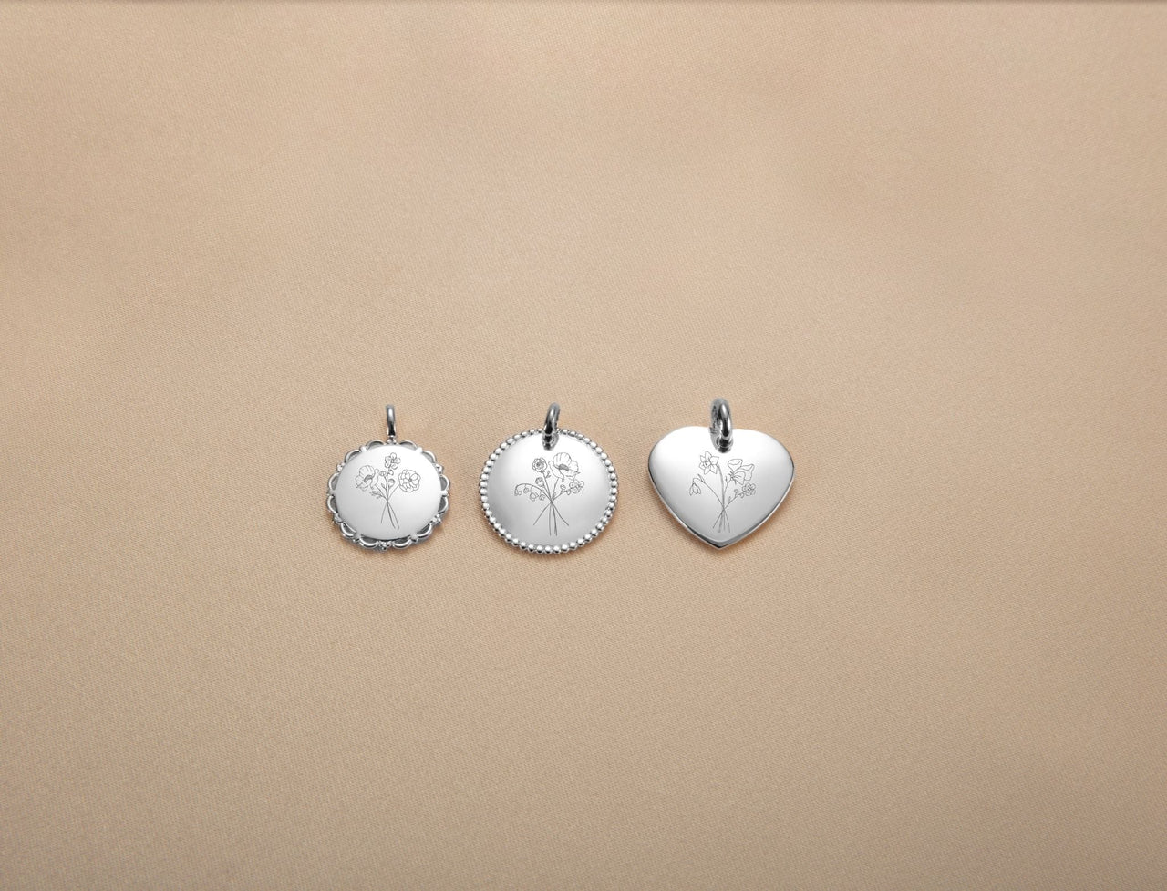 Collier Cœur Charme Bouquet Fleur de Naissance - Argent