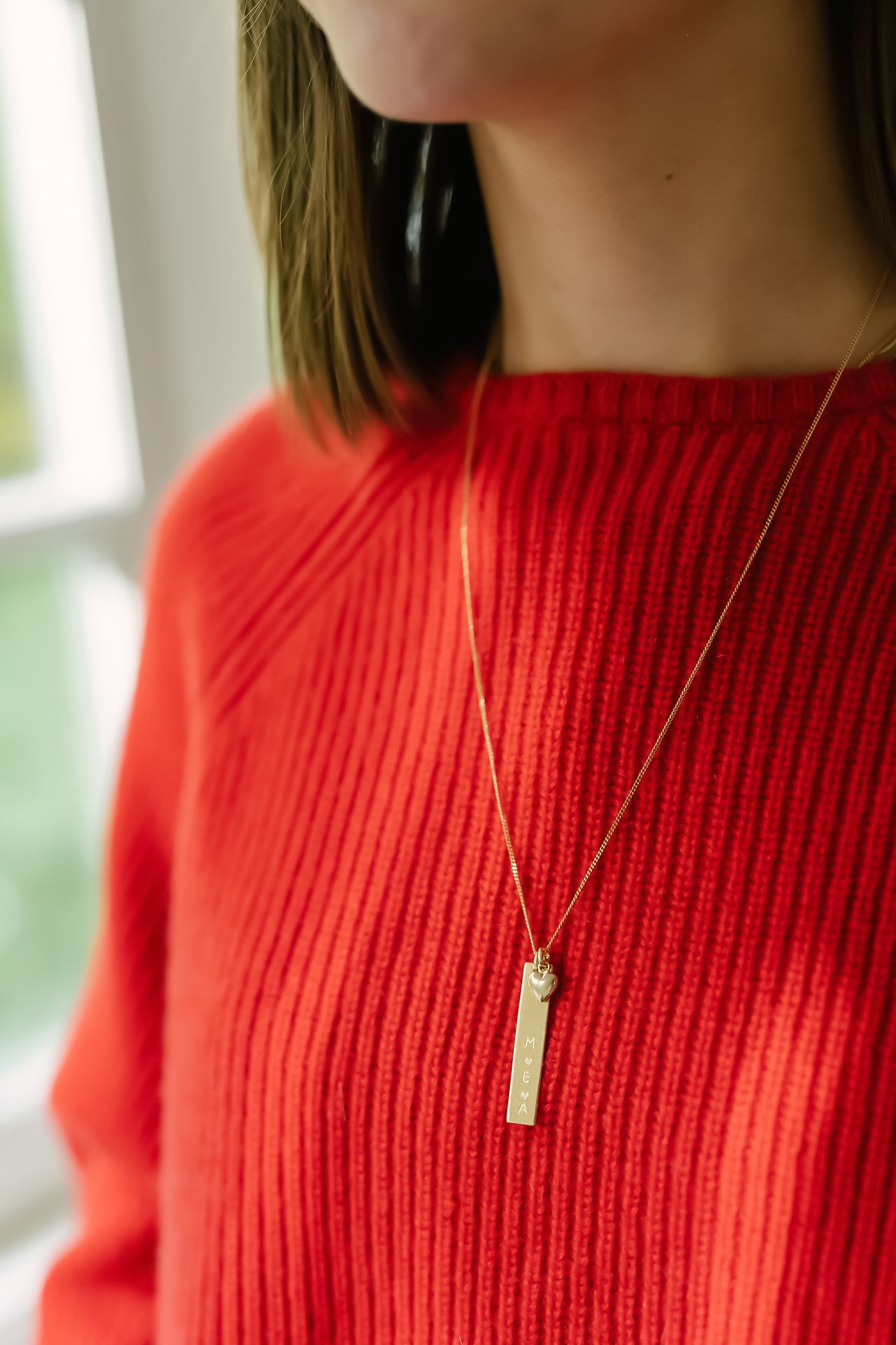 Vertical Bar Necklace with Tiny Heart - Gold plated