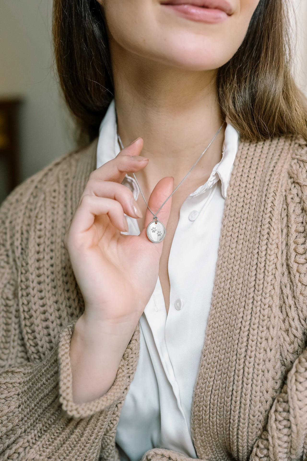 Collier Perlé Pendentif Rond Empreinte de Patte - Argent