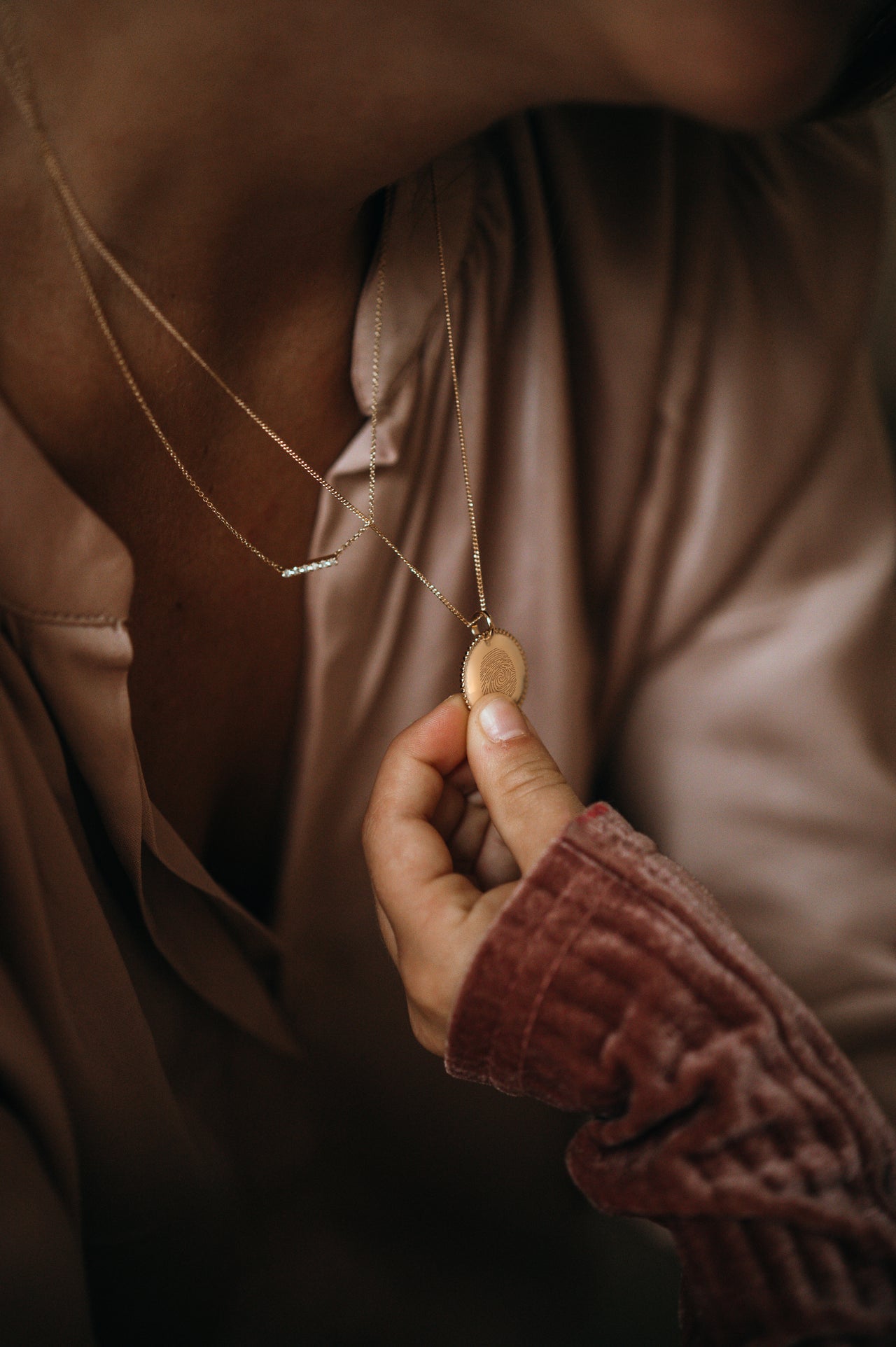 Vingerafdruk Beaded Coin Ketting - 18k Rosé Verguld