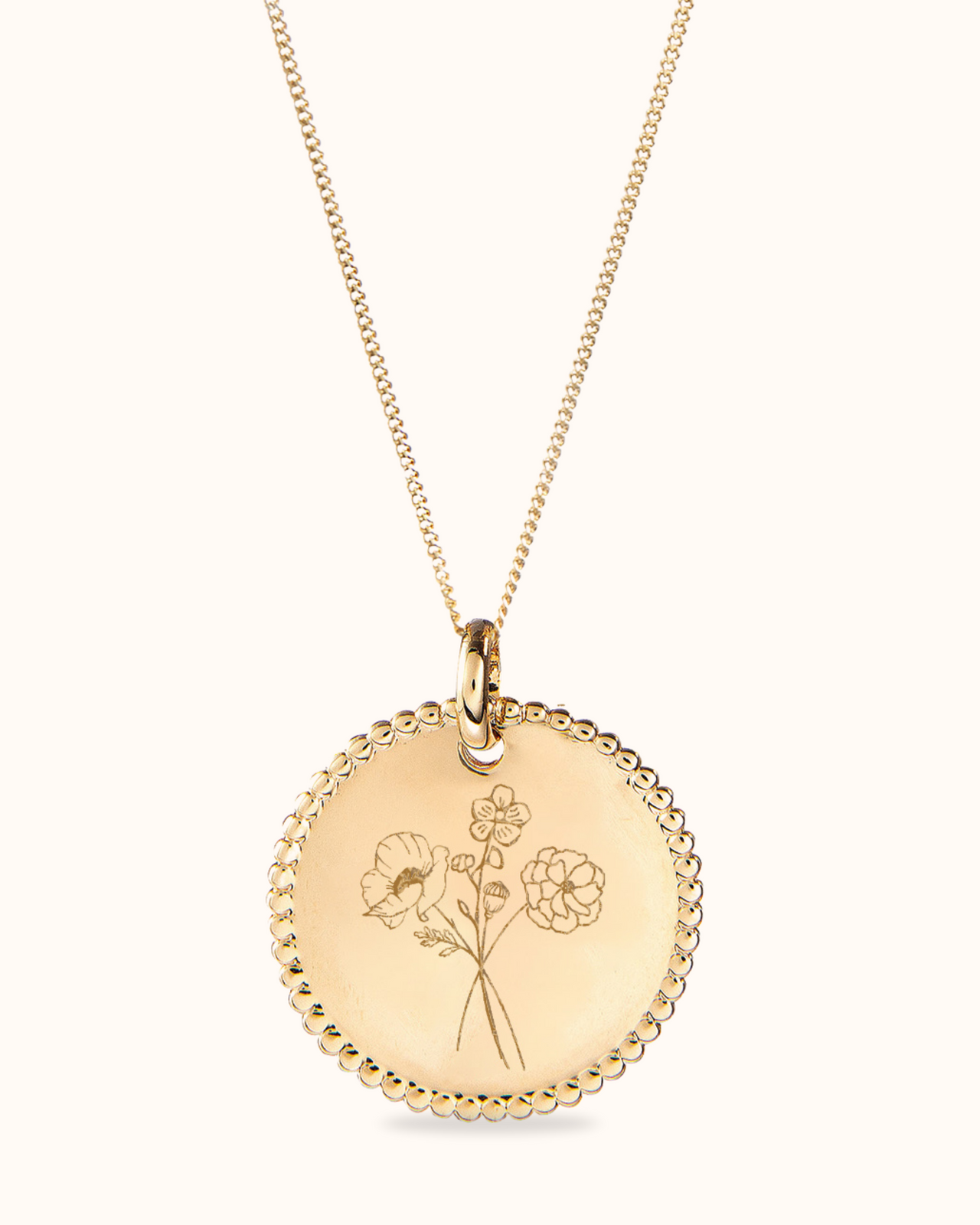 Collier Perlé Pendentif Rond Bouquet Fleur de Naissance - Plaque or 18 carats