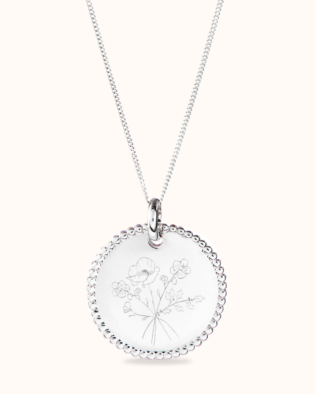 Birth Flower Bouquet Beaded Coin Necklace - Silver