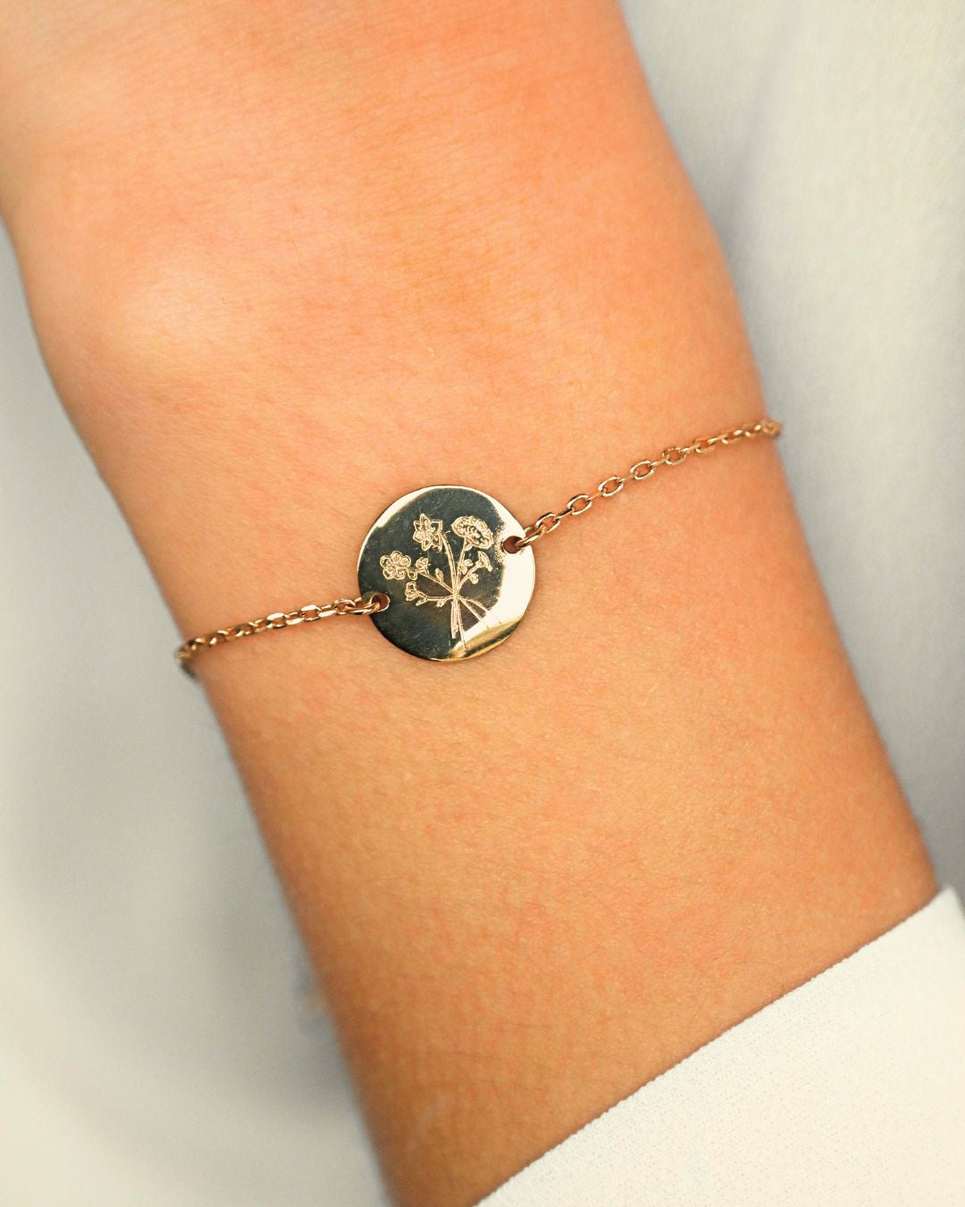 Bracelet Pendentif Rond Bouquet Fleur de Naissance - Plaque or 18 carats