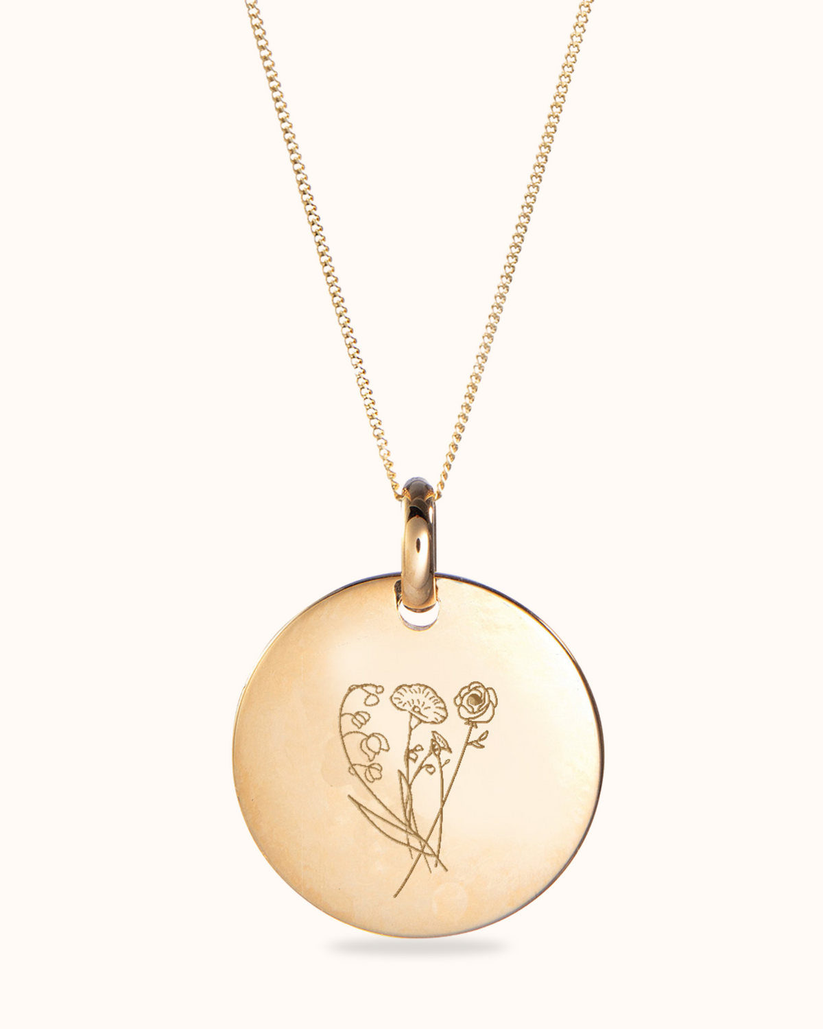 Birth Flower Bouquet Coin Necklace - Gold plated