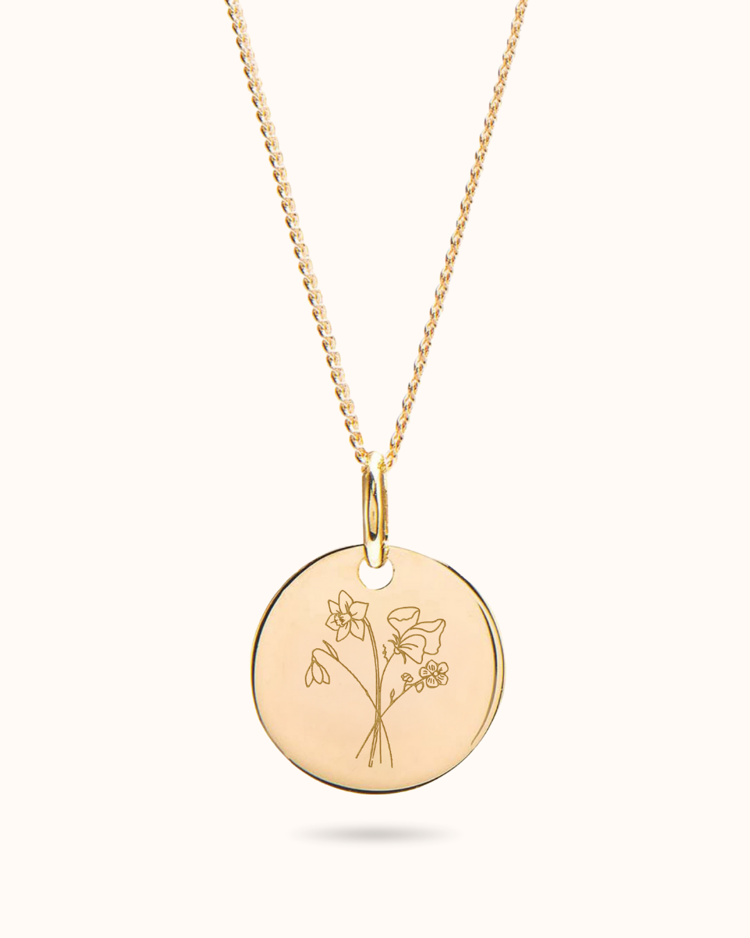 Birth Flower Bouquet Coin Necklace - Gold plated