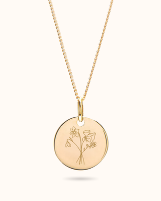Birth Flower Bouquet Coin Necklace - Gold plated