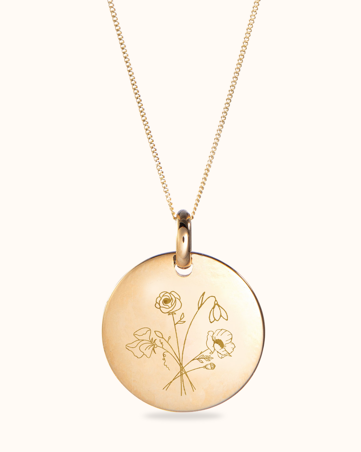 Birth Flower Bouquet Coin Necklace - Gold plated