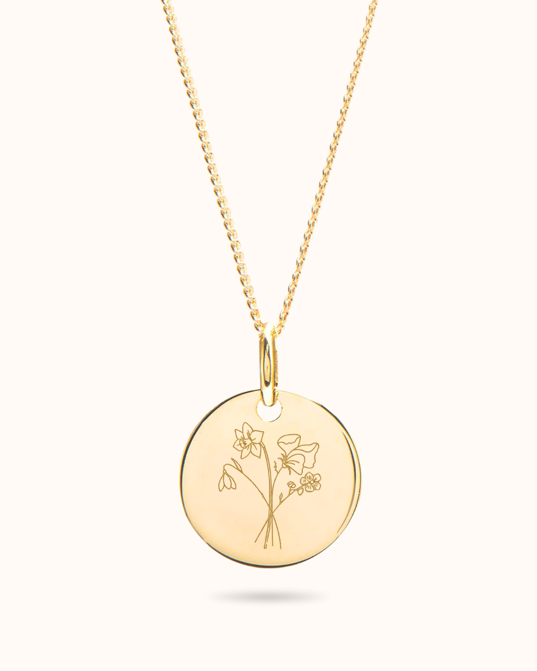 Collier Pendentif Rond Bouquet Fleur de Naissance - Plaque or 18 carats