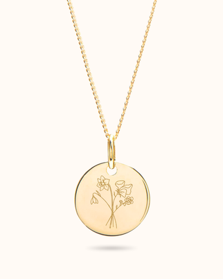Collier Pendentif Rond Bouquet Fleur de Naissance - Plaque or 18 carats