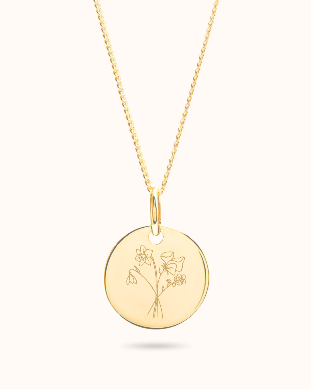 Collier Pendentif Rond Bouquet Fleur de Naissance 9 carats - Or 9 carats