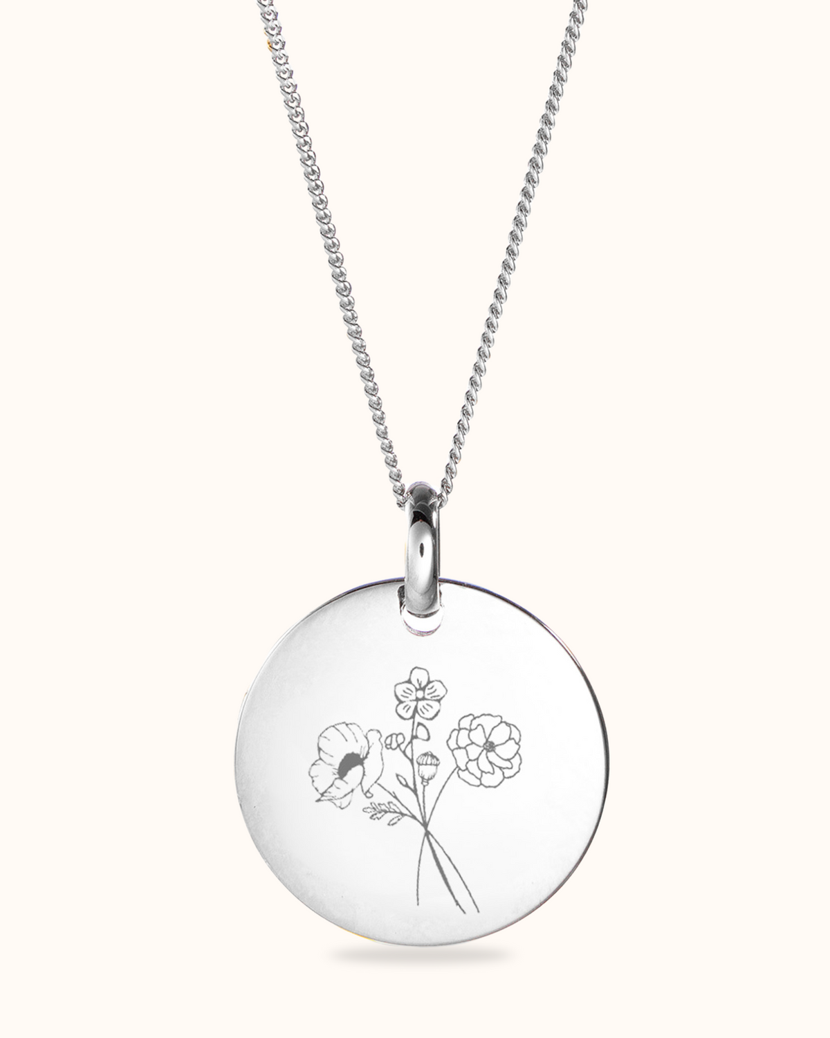 Birth Flower Bouquet Coin Necklace - Silver