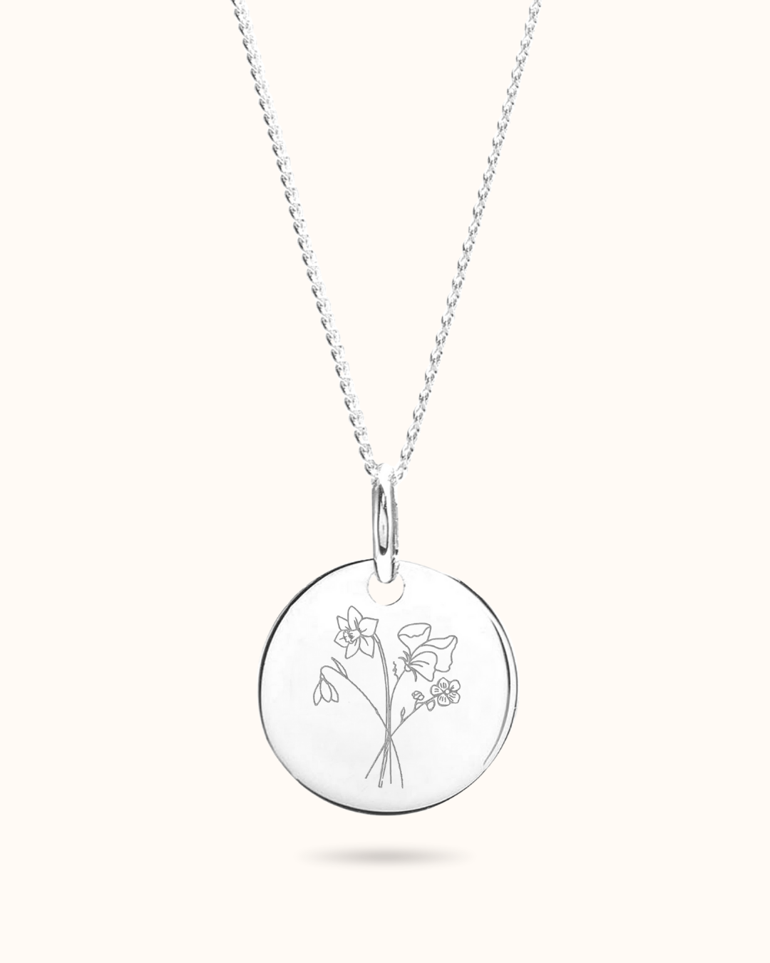 Collier Pendentif Rond Bouquet Fleur de Naissance - Argent