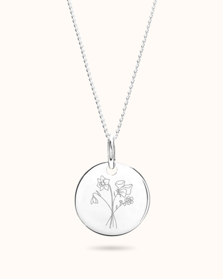 Birth Flower Bouquet Coin Necklace - Silver