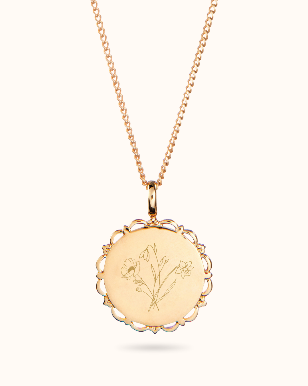 Collier Pendentif Rond Ancien Bouquet de Fleur de Naissance - Plaque or 18 carats