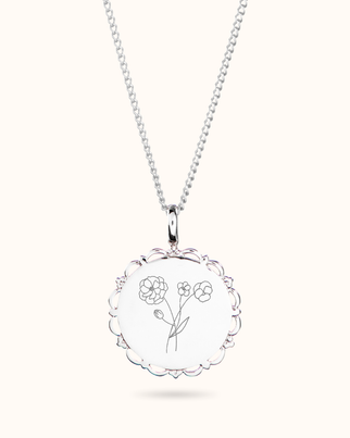 Collier Pendentif Rond Ancien Bouquet de Fleur de Naissance - Argent