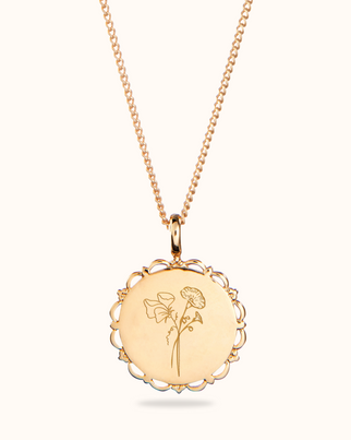Birth Flower Bouquet Vintage Coin Necklace - Gold plated