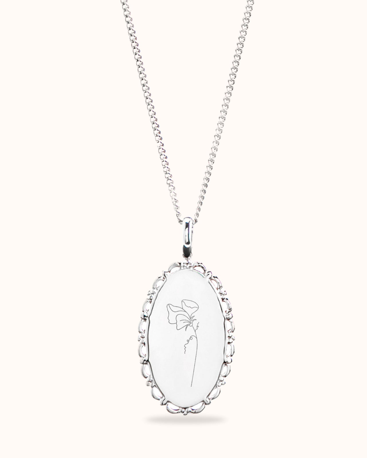 Collier Ovale Ancien Bouquet de Fleur de Naissance - Argent