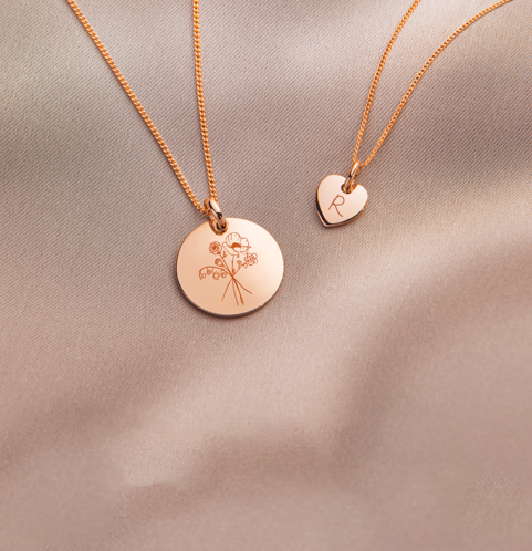 Birth Flower Bouquet Coin Ketting - 18k Rosé Verguld