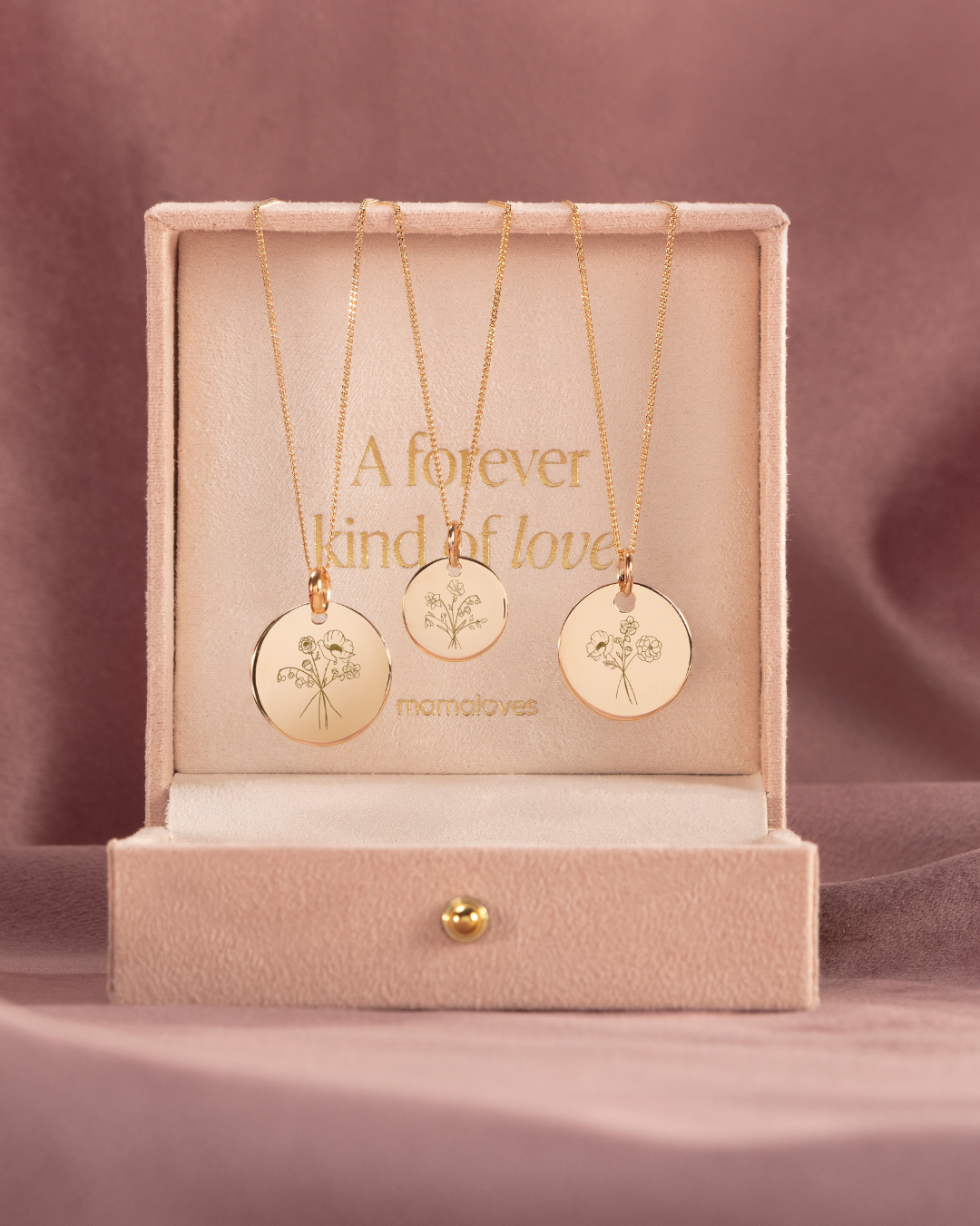 Birth Flower Bouquet Coin Necklace - Gold plated
