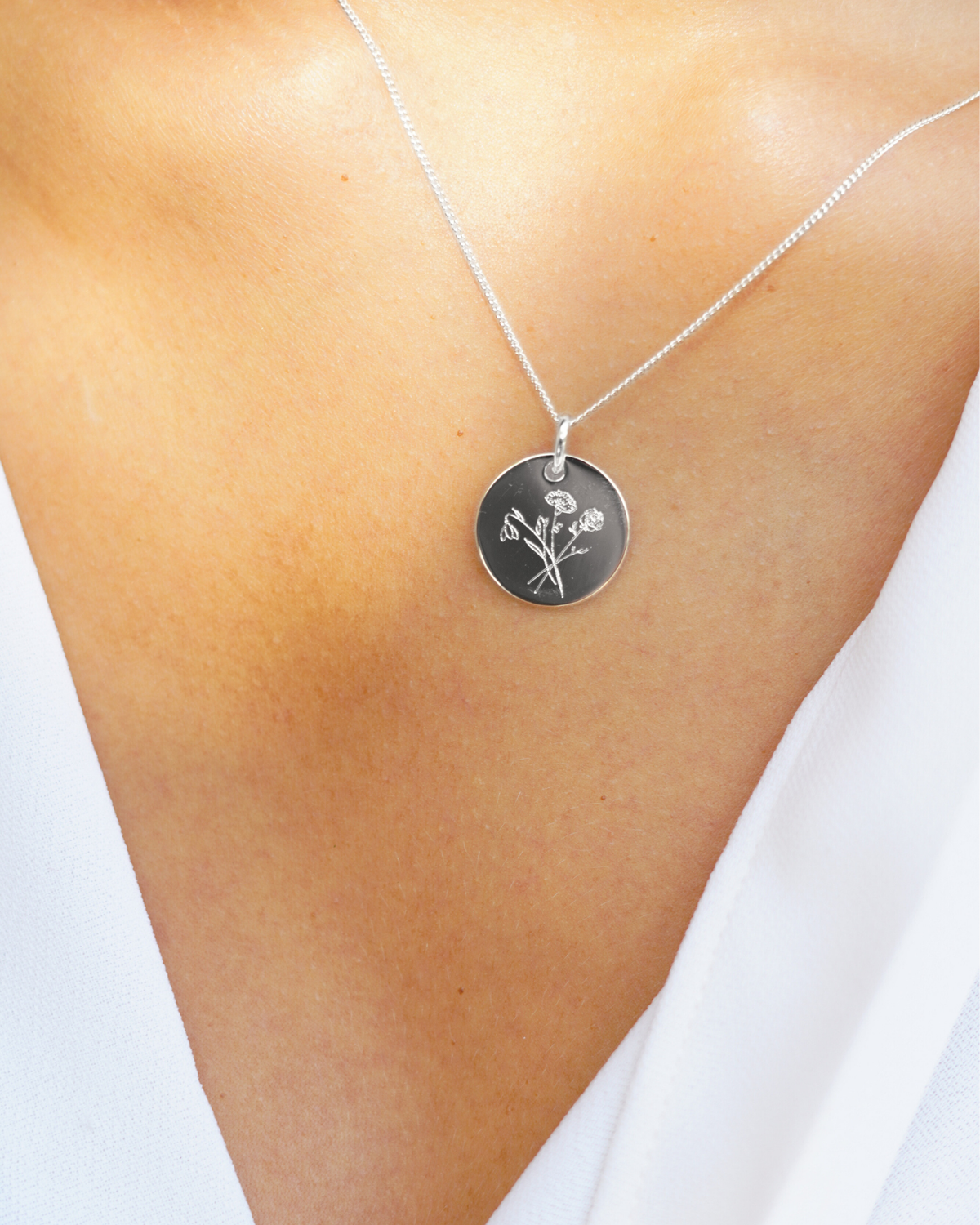 Collier Pendentif Rond Bouquet Fleur de Naissance - Argent