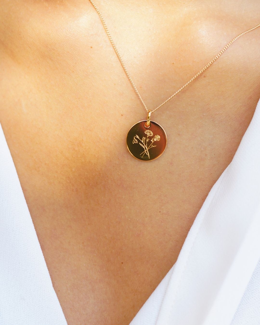 Collier Pendentif Rond Bouquet Fleur de Naissance - Plaque or 18 carats