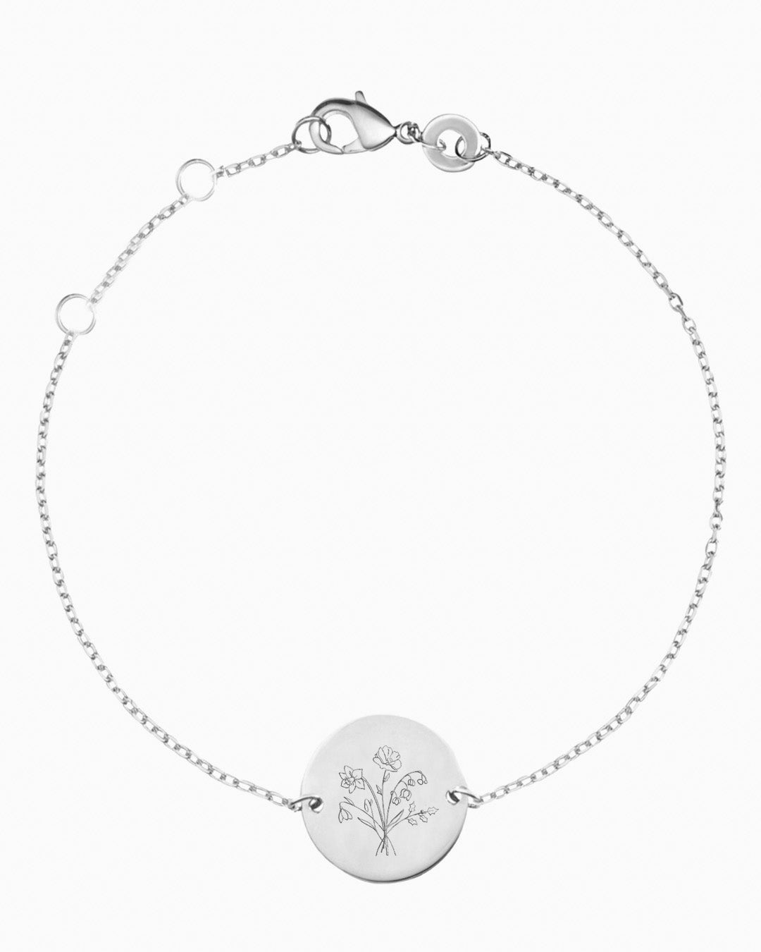 Birth Flower Bouquet Coin Bracelet - Silver