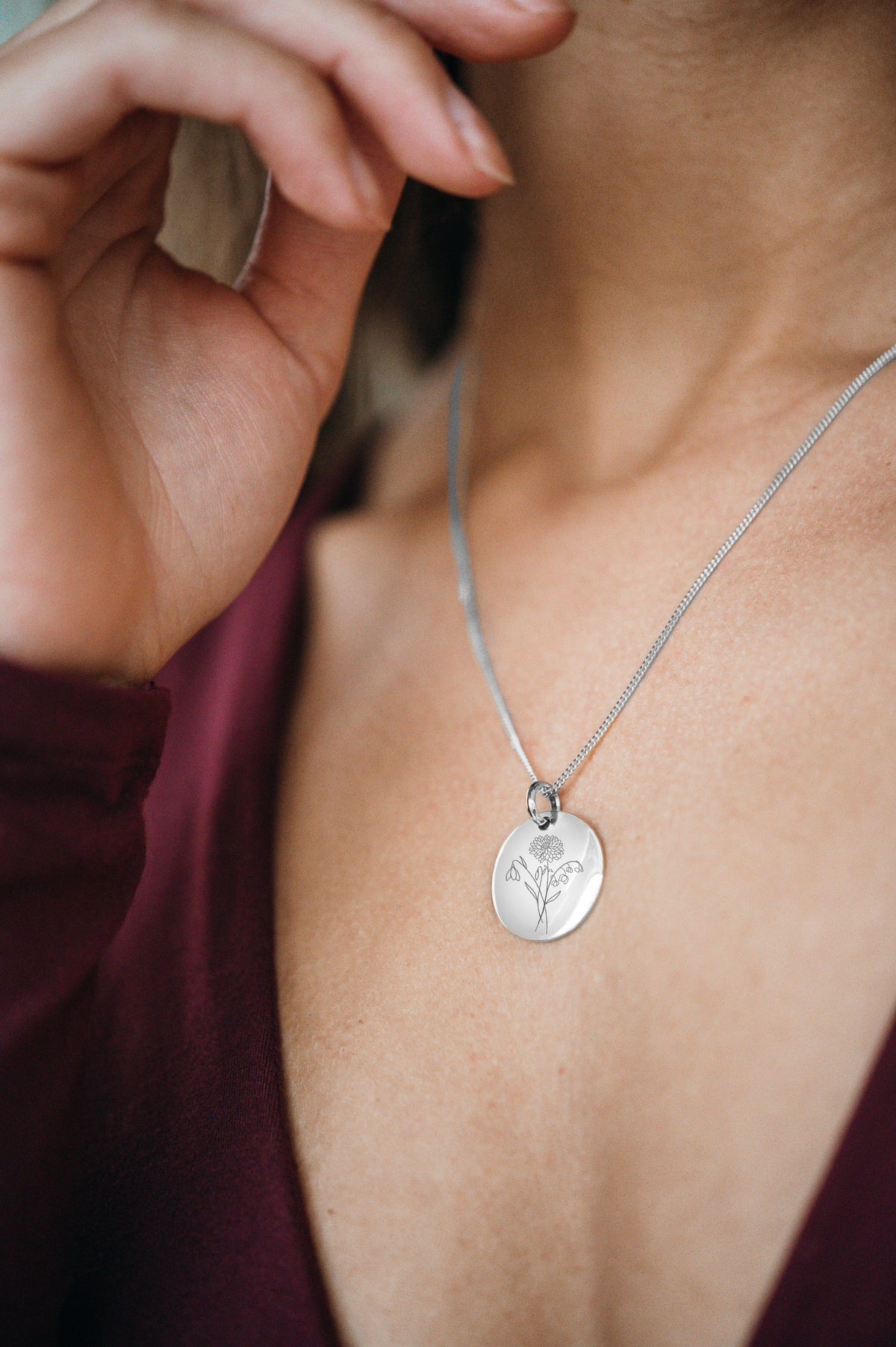 Collier Pendentif Rond Bouquet Fleur de Naissance - Argent