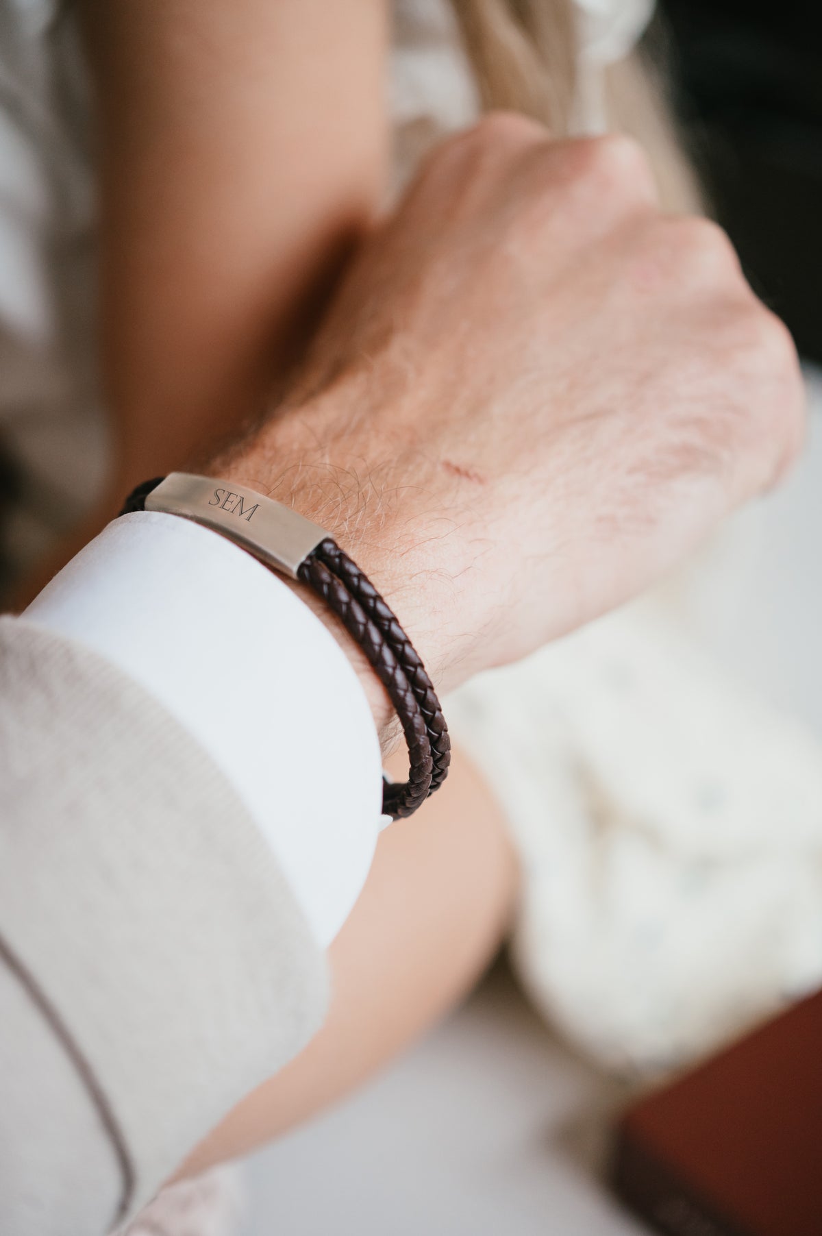 Braided leather men's bracelet with name - Stainless steel silver